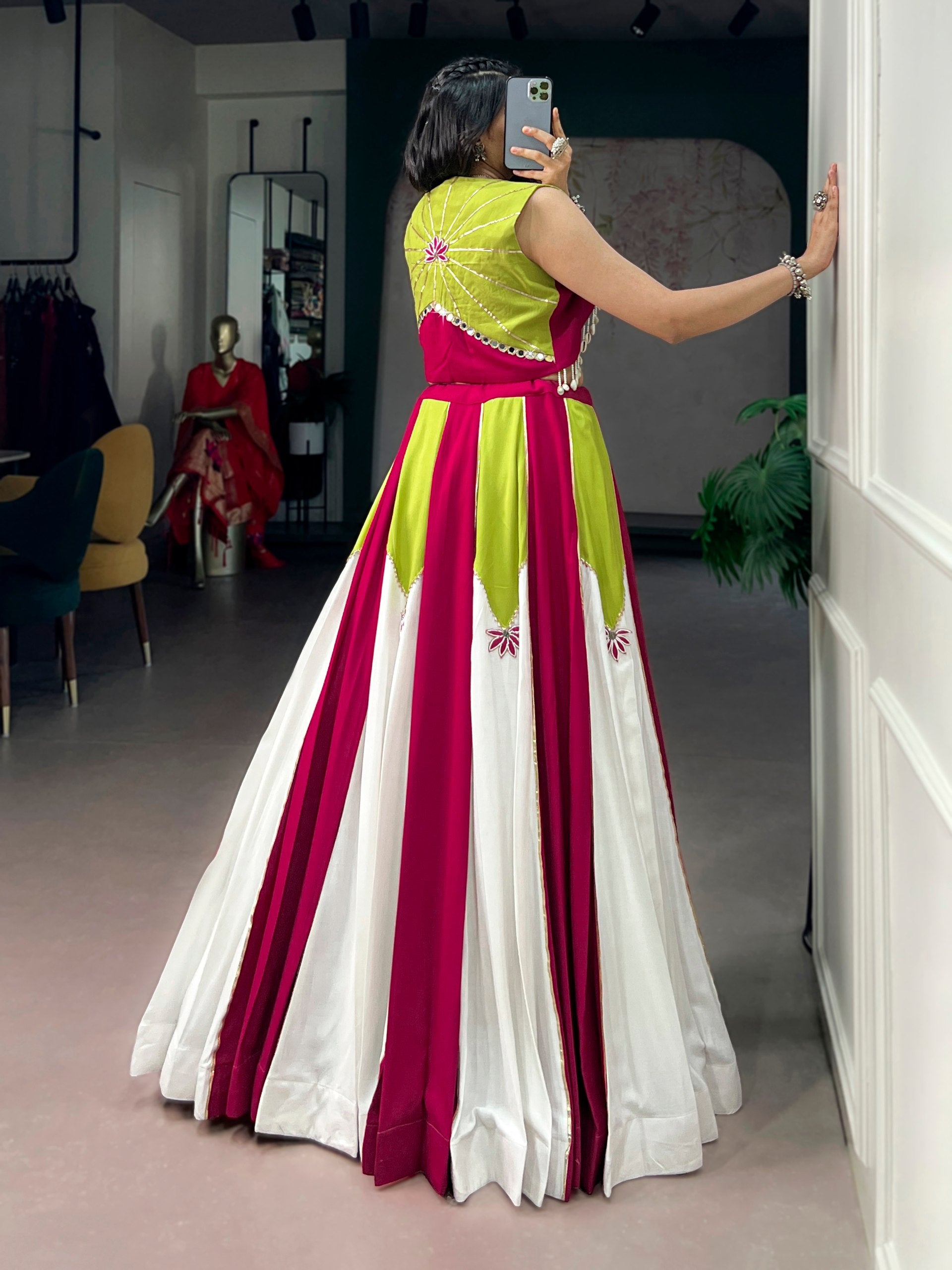 Magenta, Lime Green & Ivory Contrast Panel Navratri Lehenga Choli with Koti | Gota Patti Collection 2026