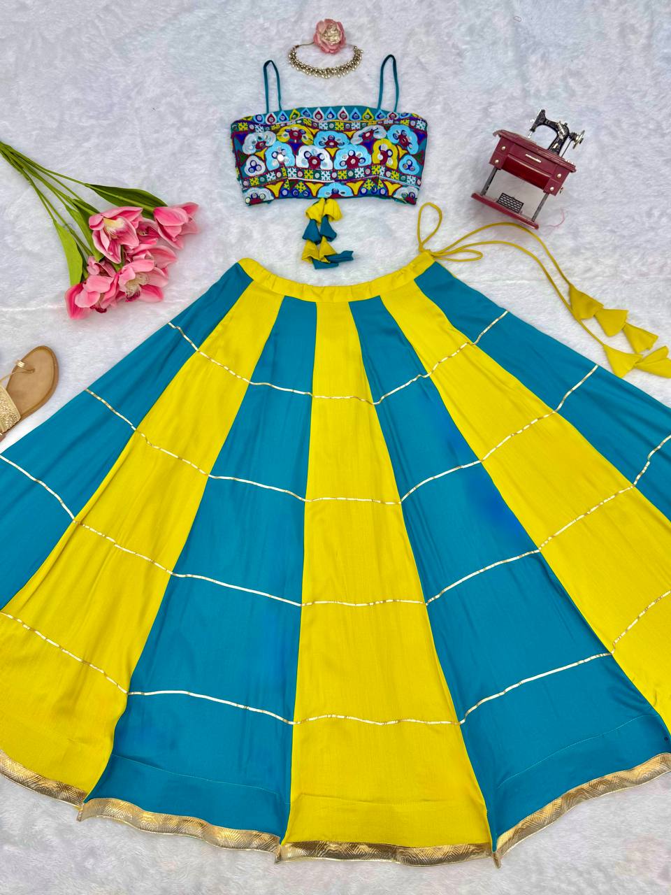 Teal Blue & Mustard Yellow Gota Patti Embroidered Designer Lehenga Choli