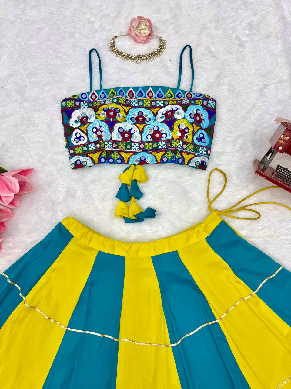 Teal Blue & Mustard Yellow Gota Patti Embroidered Designer Lehenga Choli