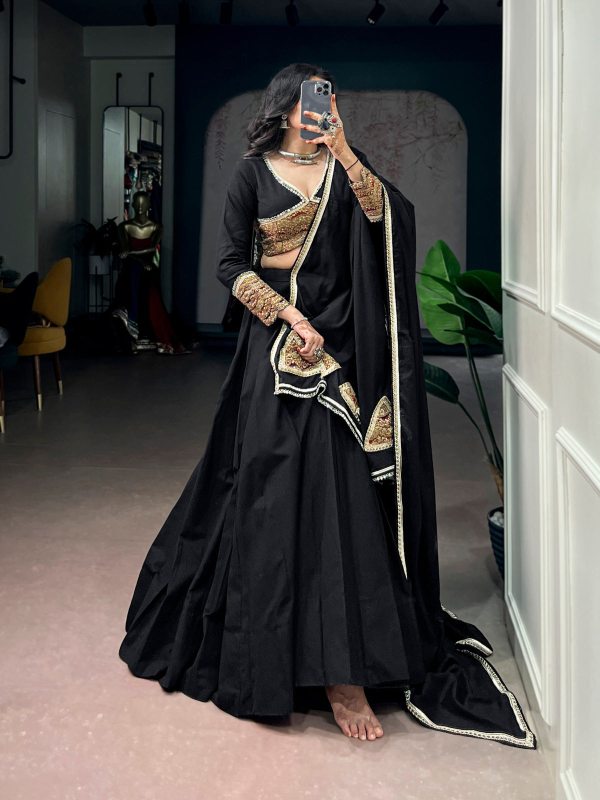 Classic Black Khadi Cotton Embroidered Mirror Work Lehenga Set