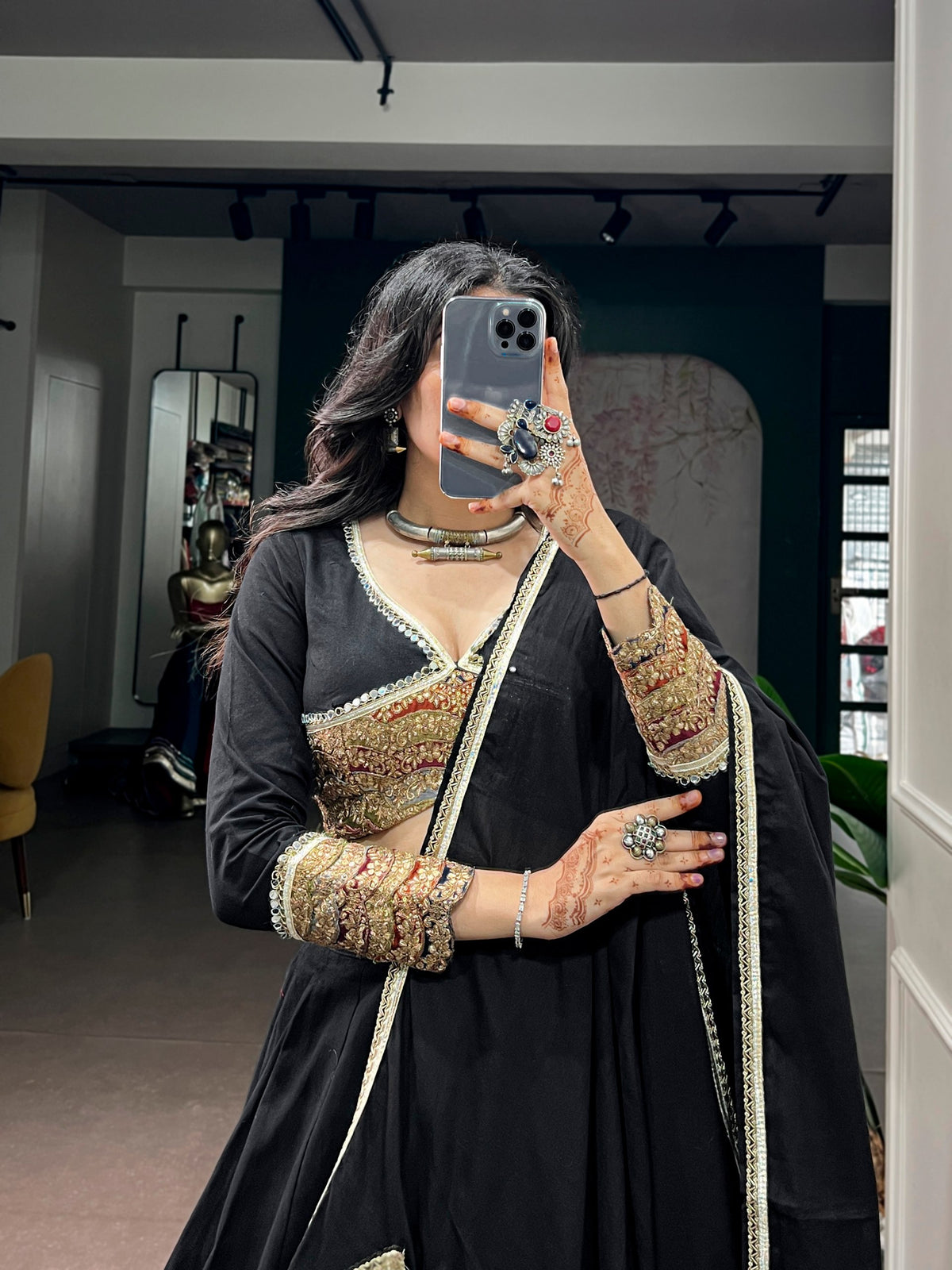 Classic Black Khadi Cotton Embroidered Mirror Work Lehenga Set