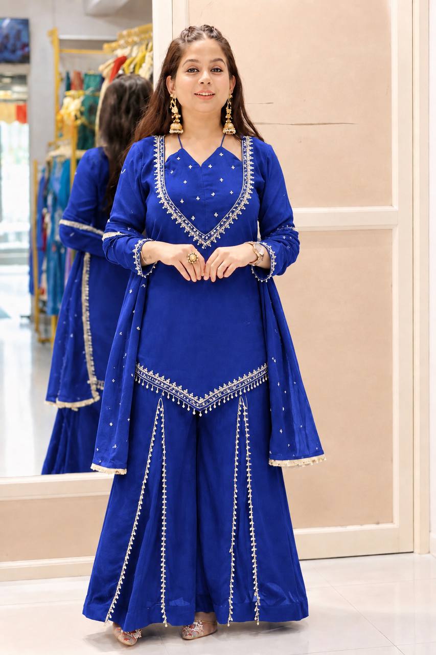 Royal Blue Roman Glass Mirror Work Plazzo Suit Set with Chanderi Silk Dupatta
