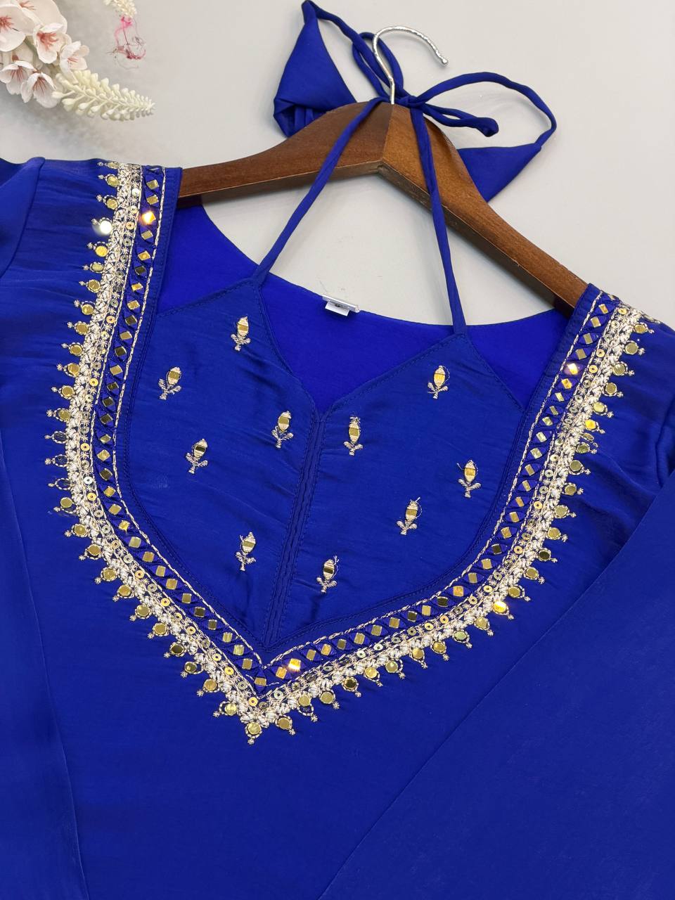 Royal Blue Roman Glass Mirror Work Plazzo Suit Set with Chanderi Silk Dupatta