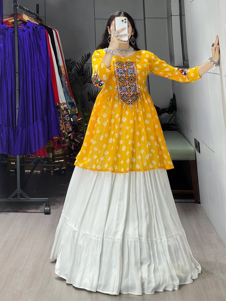 Mustard Yellow Leheriya Kediya Top with White Lehenga | Navratri Lehenga Set