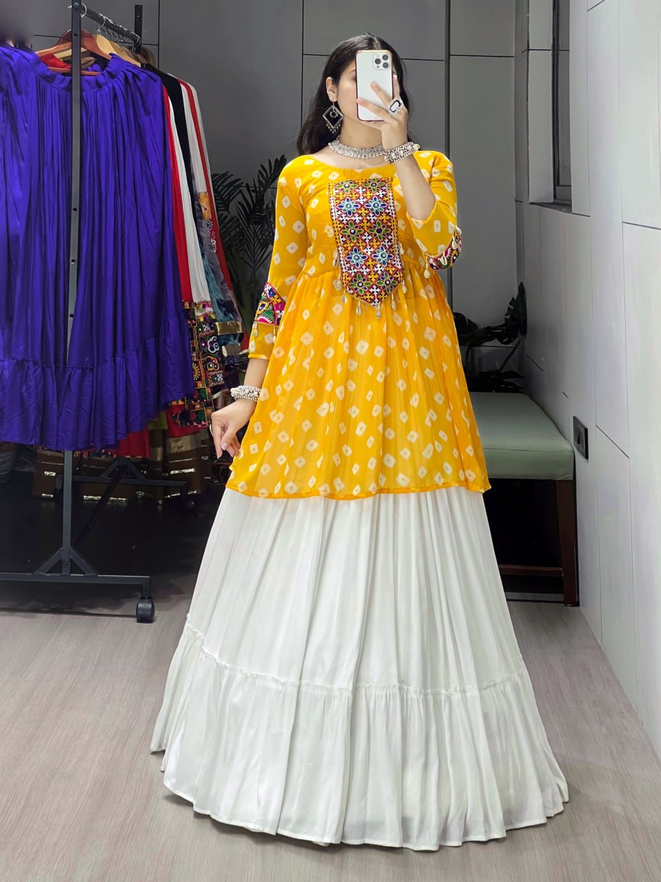 Mustard Yellow Leheriya Kediya Top with White Lehenga | Navratri Lehenga Set