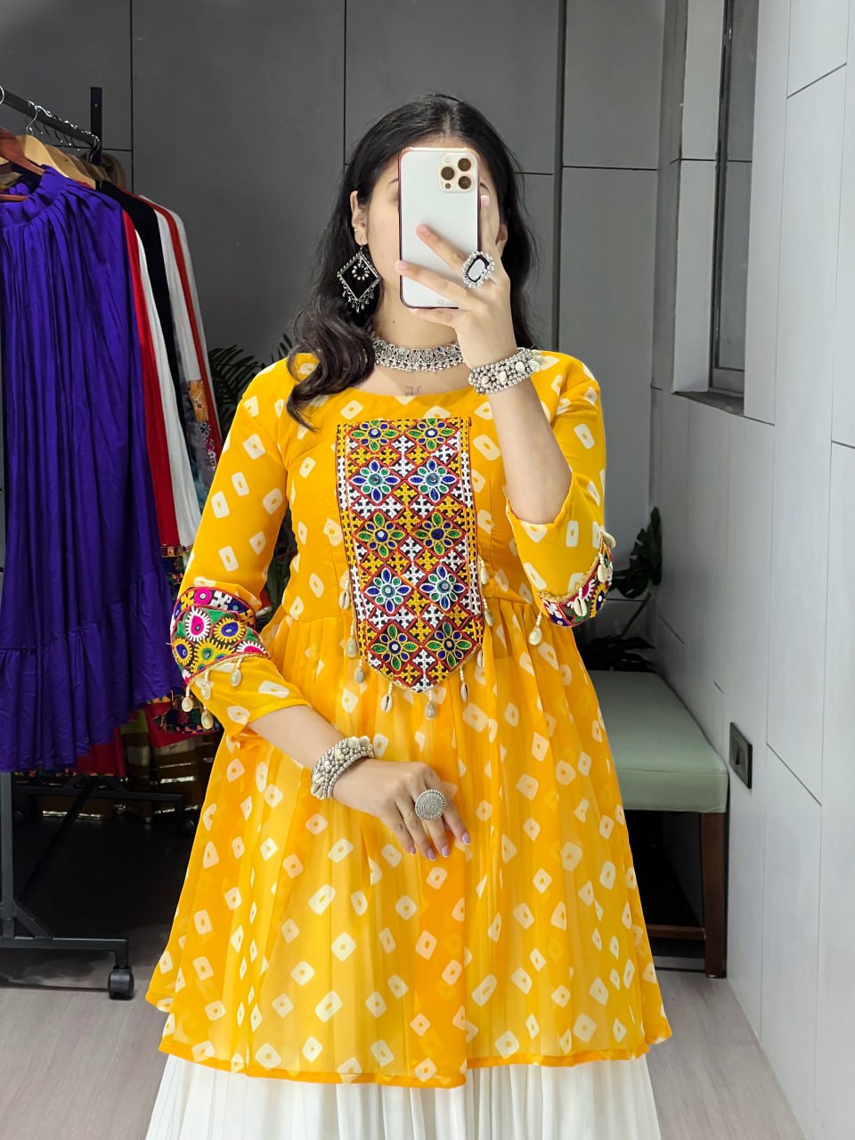 Mustard Yellow Leheriya Kediya Top with White Lehenga | Navratri Lehenga Set