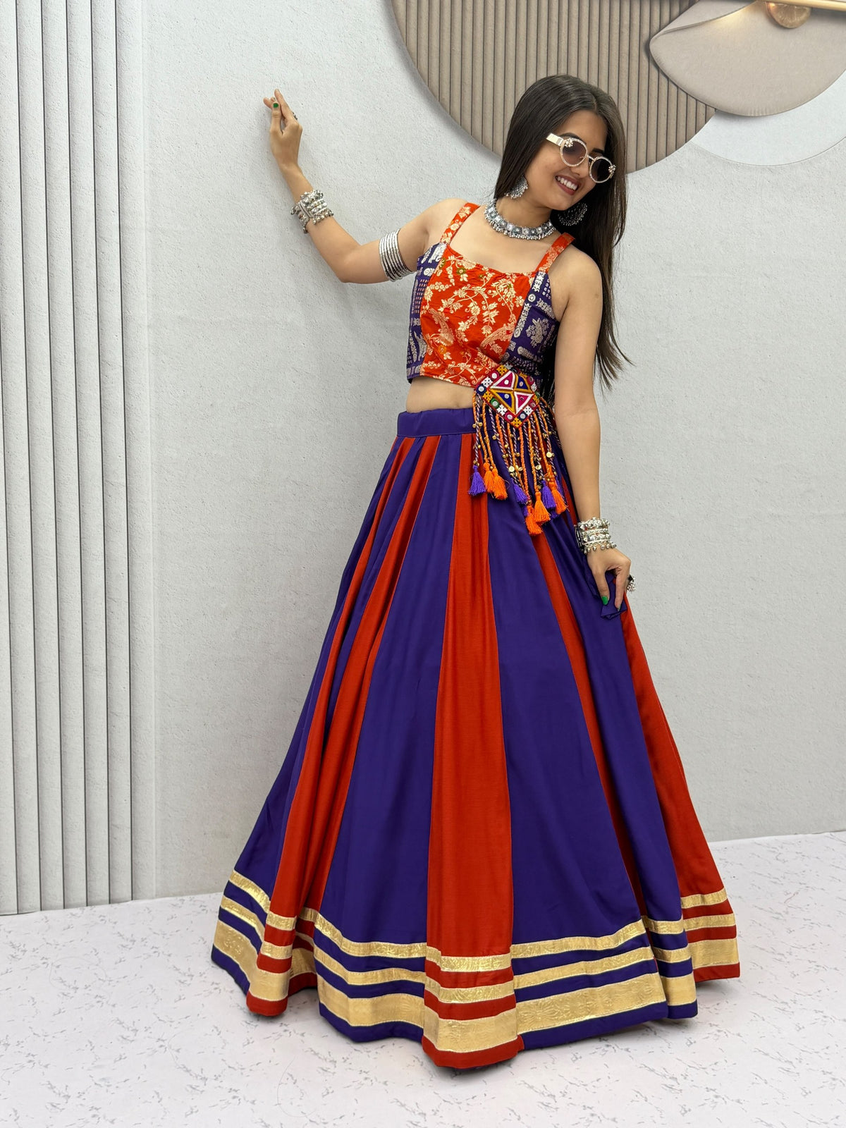 Royal Purple & Orange Cotton Lehenga Choli | 6 Meter Flair | Gamthi Work