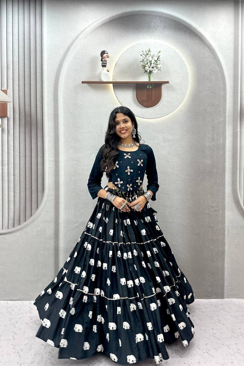 Black Hand Work Cotton Navratri Lehenga Choli with Real Kodi Work