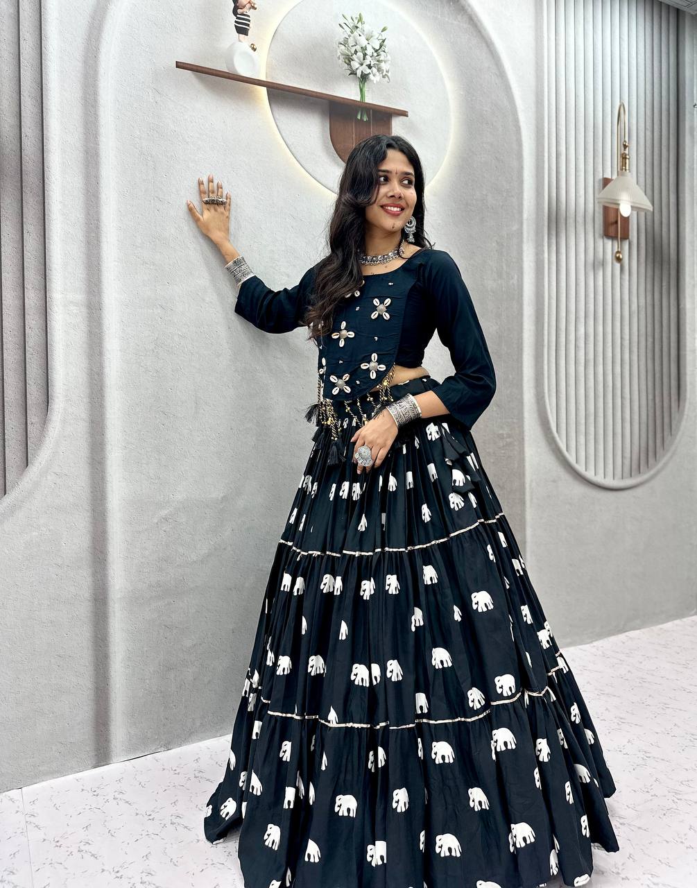 Black Hand Work Cotton Navratri Lehenga Choli with Real Kodi Work