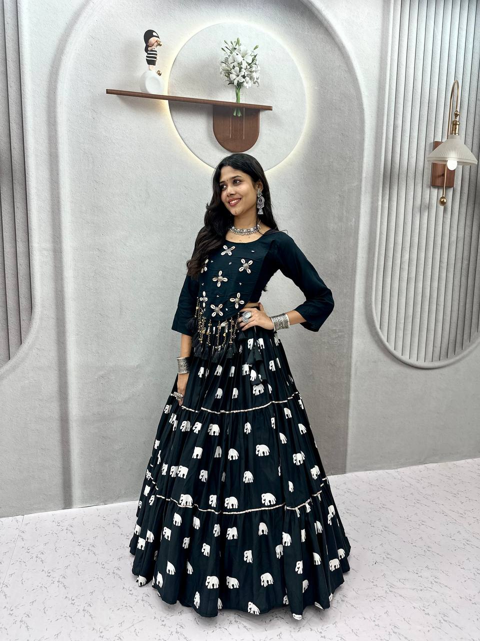 Black Hand Work Cotton Navratri Lehenga Choli with Real Kodi Work