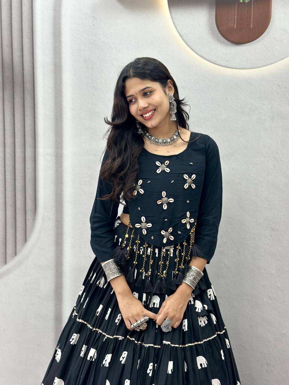 Black Hand Work Cotton Navratri Lehenga Choli with Real Kodi Work