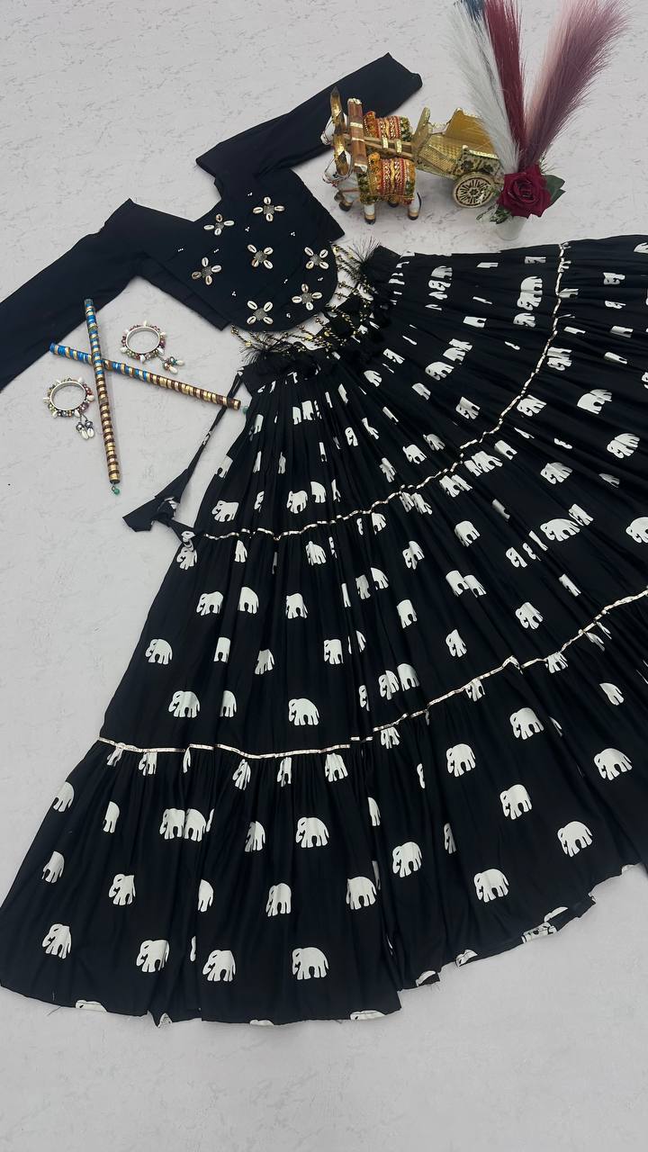 Black Hand Work Cotton Navratri Lehenga Choli with Real Kodi Work