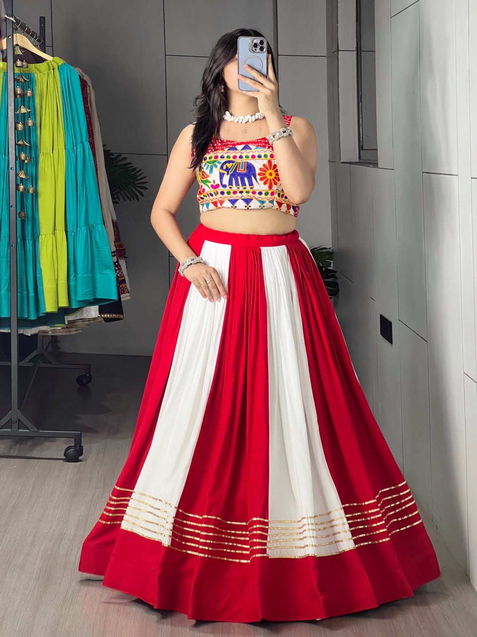 Red & White Navratri Chaniya Choli with Bandhani Foil & Gamthi Work