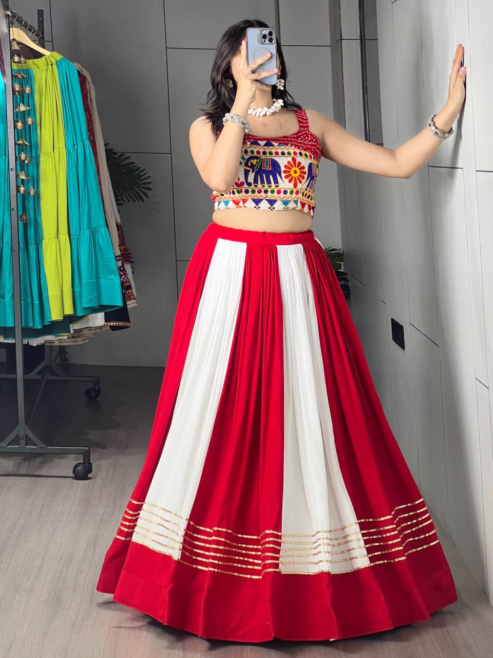 Red & White Navratri Chaniya Choli with Bandhani Foil & Gamthi Work