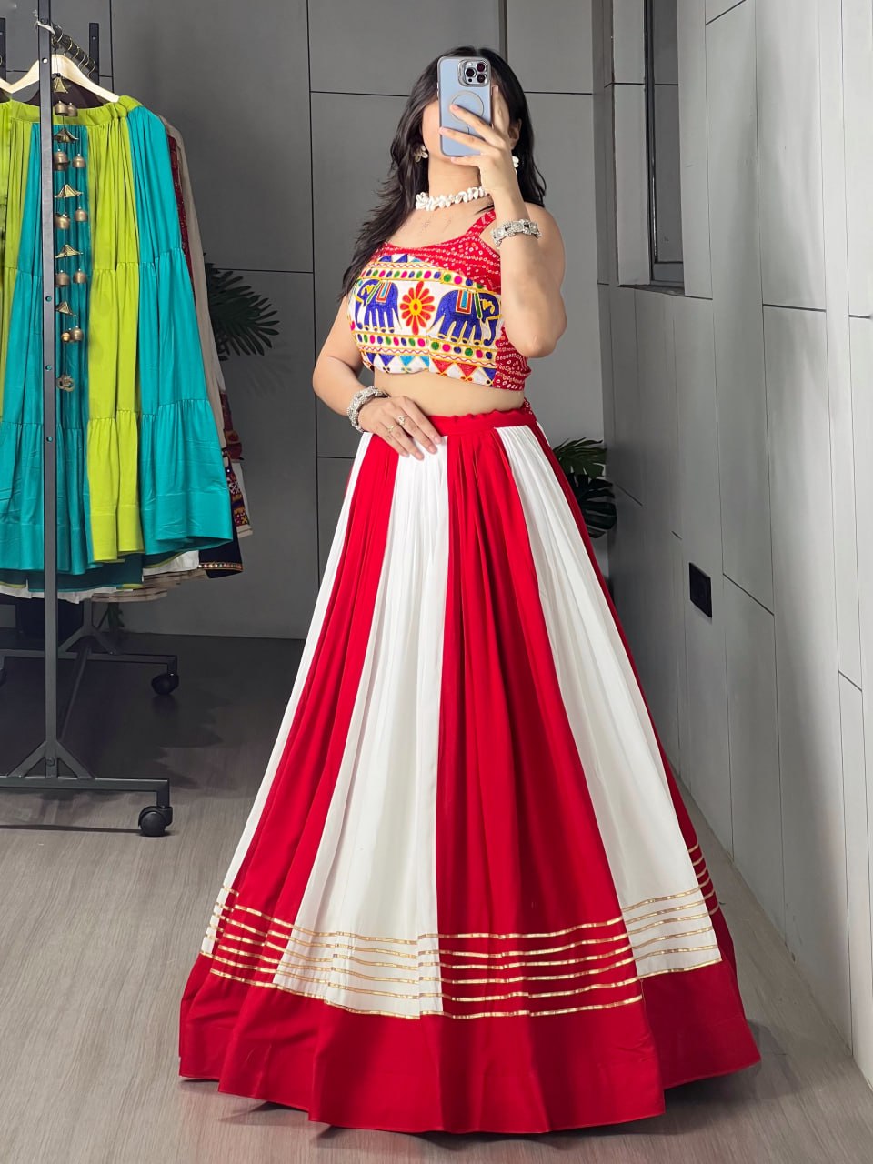 Red & White Navratri Chaniya Choli with Bandhani Foil & Gamthi Work