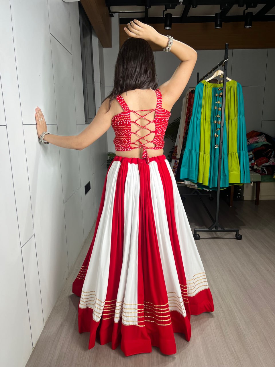 Red & White Navratri Chaniya Choli with Bandhani Foil & Gamthi Work