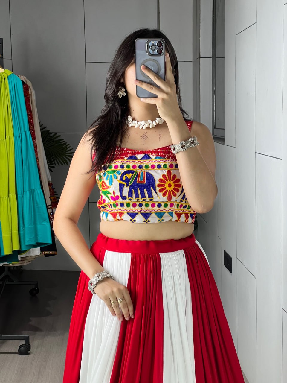 Red & White Navratri Chaniya Choli with Bandhani Foil & Gamthi Work