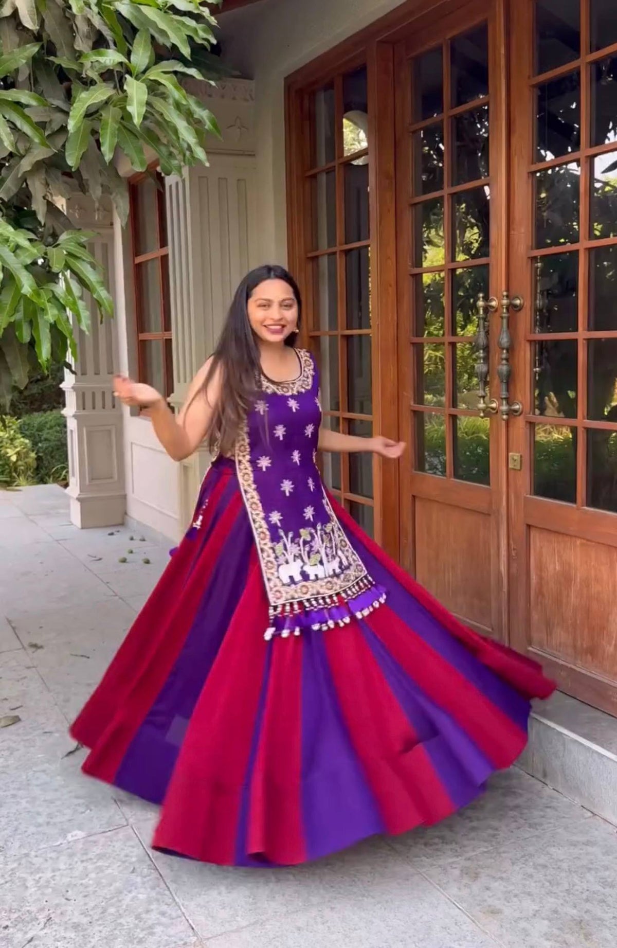 Royal Purple & Rani Pink Vichitra Silk Designer Lehenga Set with Embroidered Shrug
