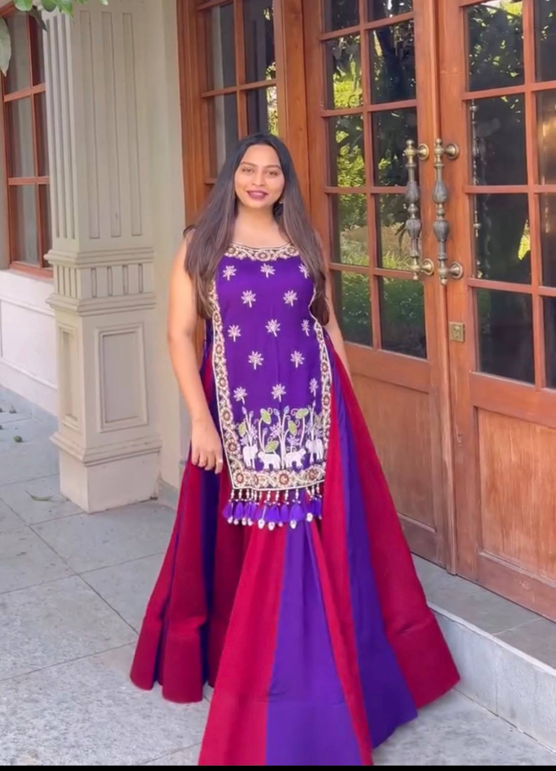 Royal Purple & Rani Pink Vichitra Silk Designer Lehenga Set with Embroidered Shrug