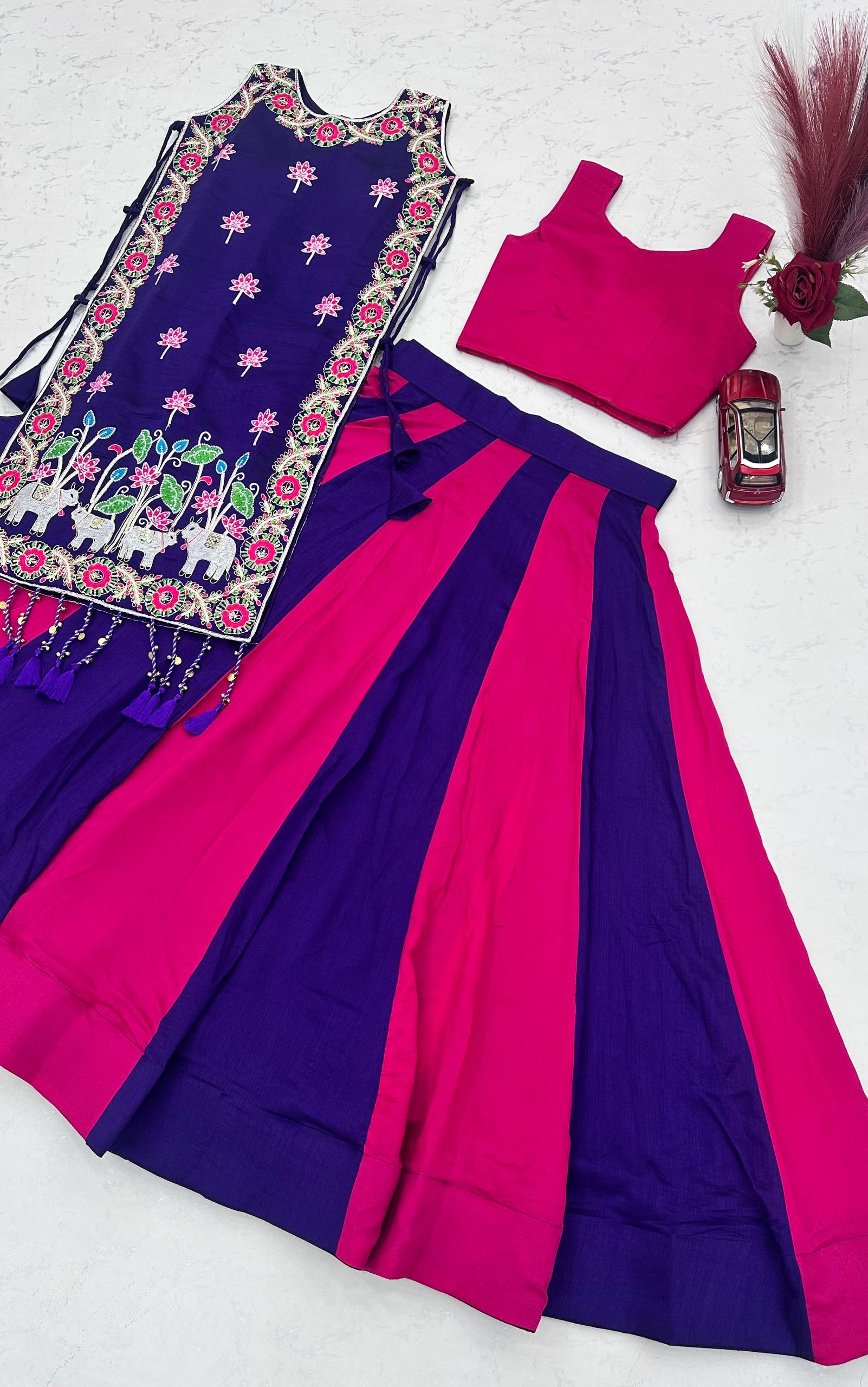 Royal Purple & Rani Pink Vichitra Silk Designer Lehenga Set with Embroidered Shrug