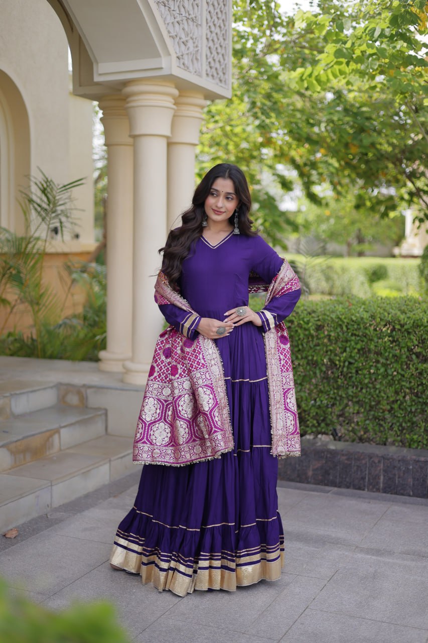 Royal Purple Reyon Gota Patti Gown with Jacquard Dupatta | 12 Meter Flair