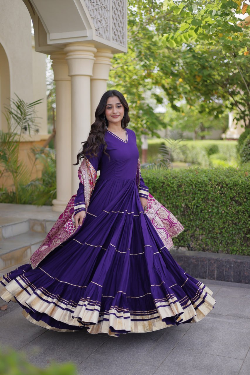 Royal Purple Reyon Gota Patti Gown with Jacquard Dupatta | 12 Meter Flair