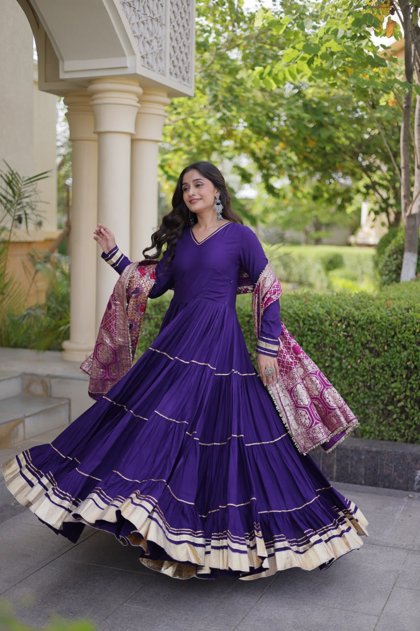 Royal Purple Reyon Gota Patti Gown with Jacquard Dupatta | 12 Meter Flair