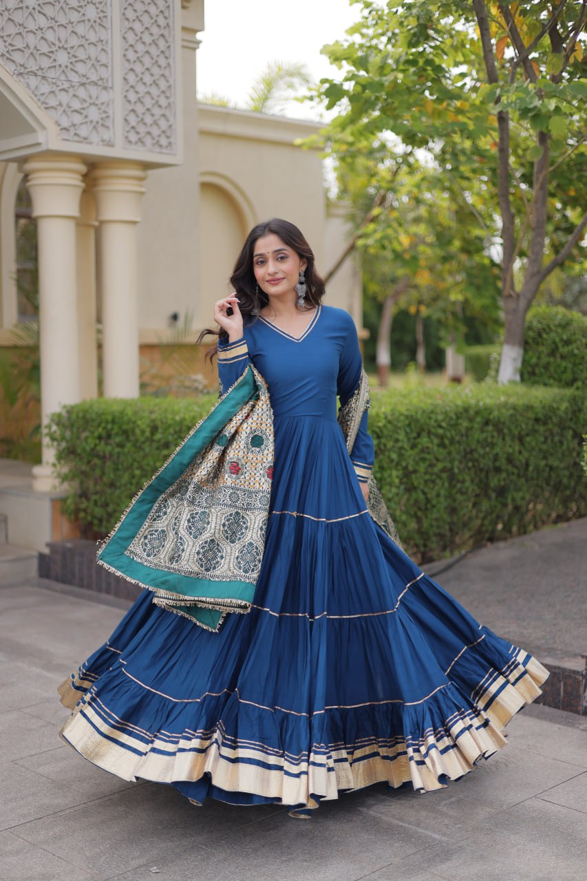 Rama Blue Reyon Gown with Gota Patti & Jacquard Dupatta | 12 Meter Flair