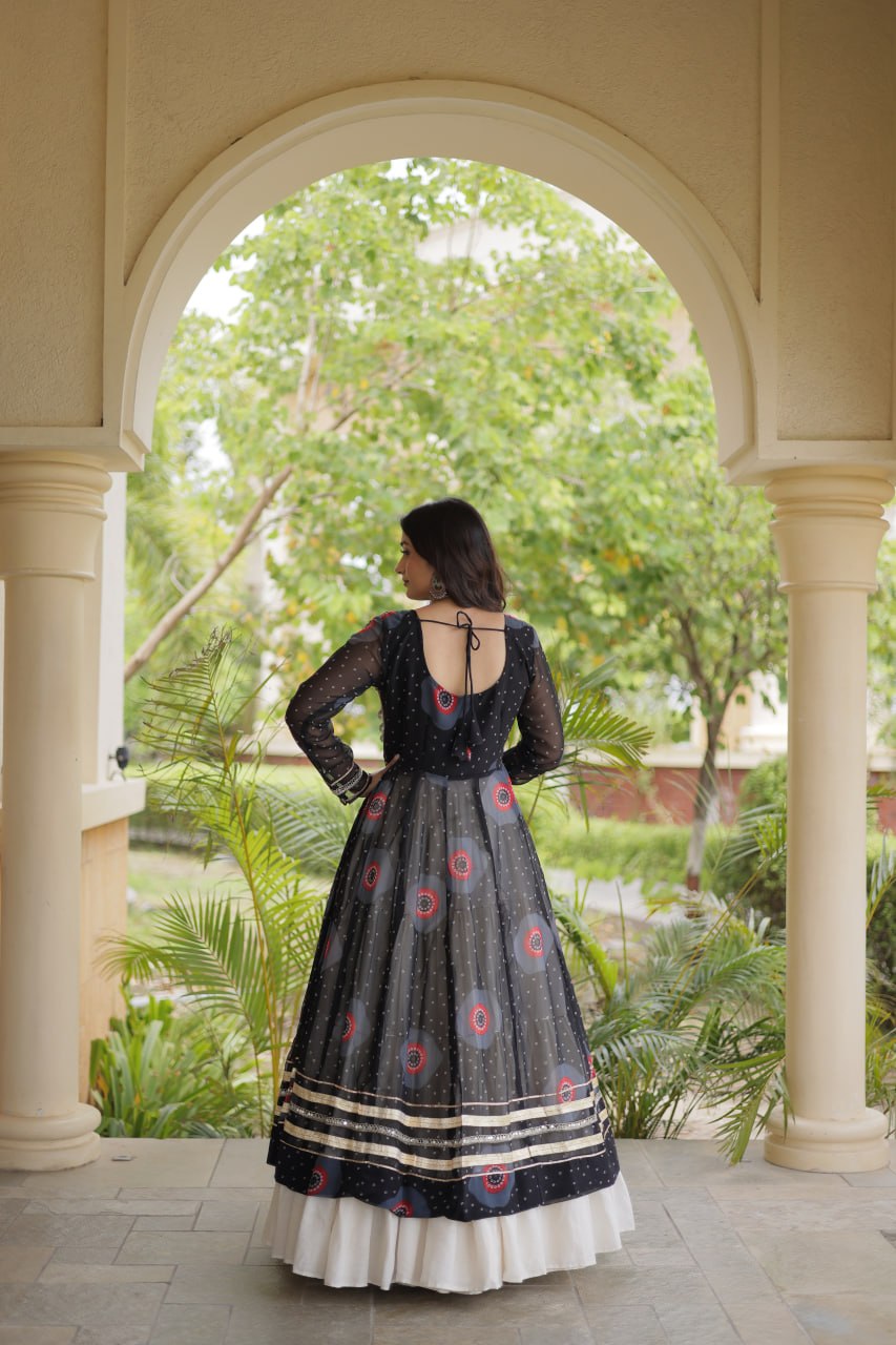 Black Bandhani Print Lehenga Kurti Set with Kutchi Patchwork & 12 Meter Flair