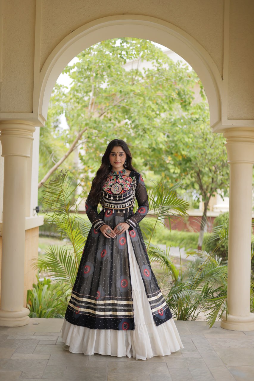 Black Bandhani Print Lehenga Kurti Set with Kutchi Patchwork & 12 Meter Flair