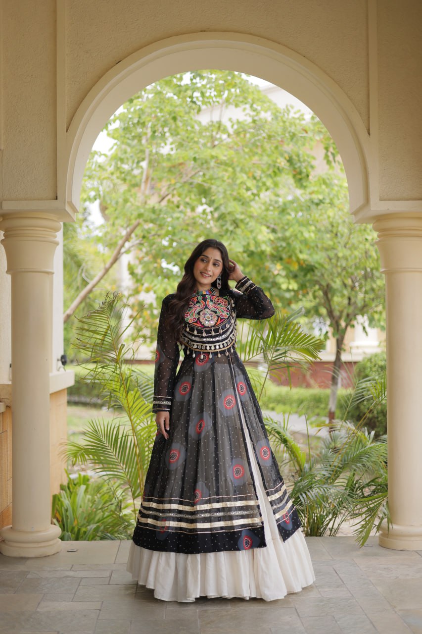 Black Bandhani Print Lehenga Kurti Set with Kutchi Patchwork & 12 Meter Flair