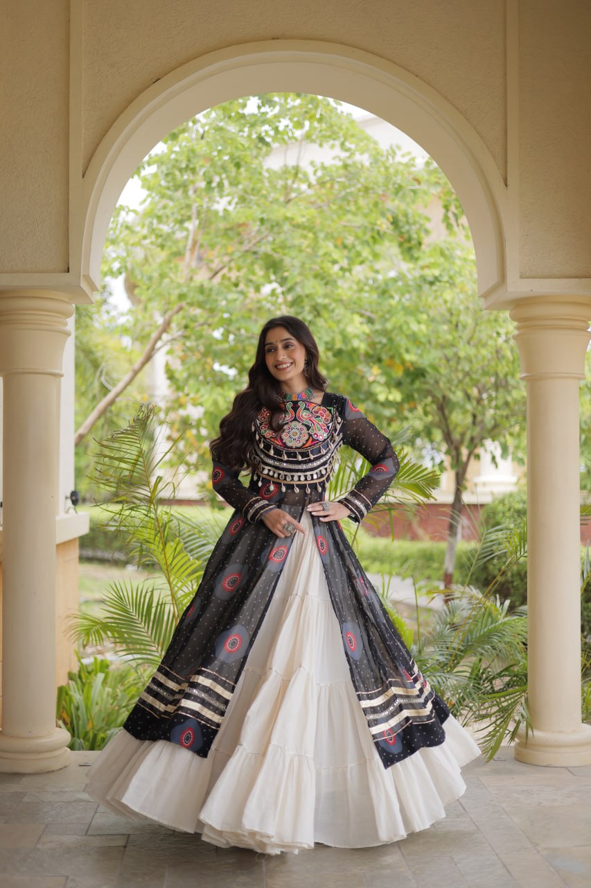 Black Bandhani Print Lehenga Kurti Set with Kutchi Patchwork & 12 Meter Flair
