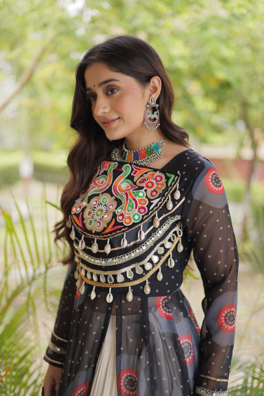 Black Bandhani Print Lehenga Kurti Set with Kutchi Patchwork & 12 Meter Flair