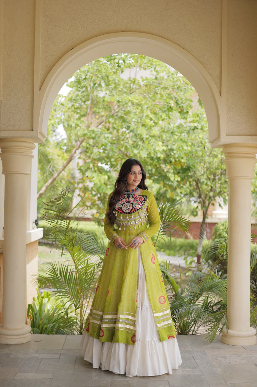Lime Green Bandhani Print Lehenga Kurti Set with Kutchi Patchwork & 12 Meter Flair