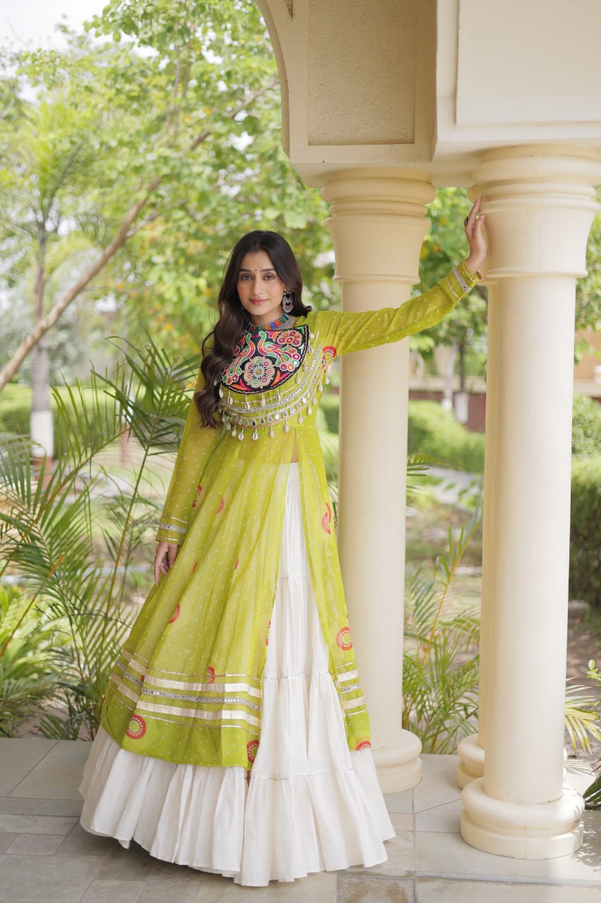 Lime Green Bandhani Print Lehenga Kurti Set with Kutchi Patchwork & 12 Meter Flair