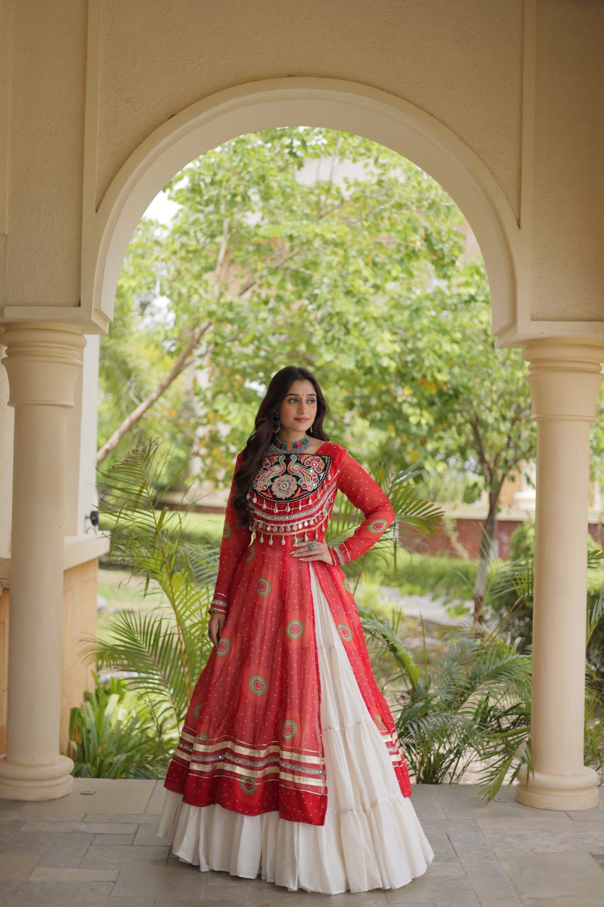 Red Bandhani Print Lehenga Kurti Set with Kutchi Patchwork & 12 Meter Flair