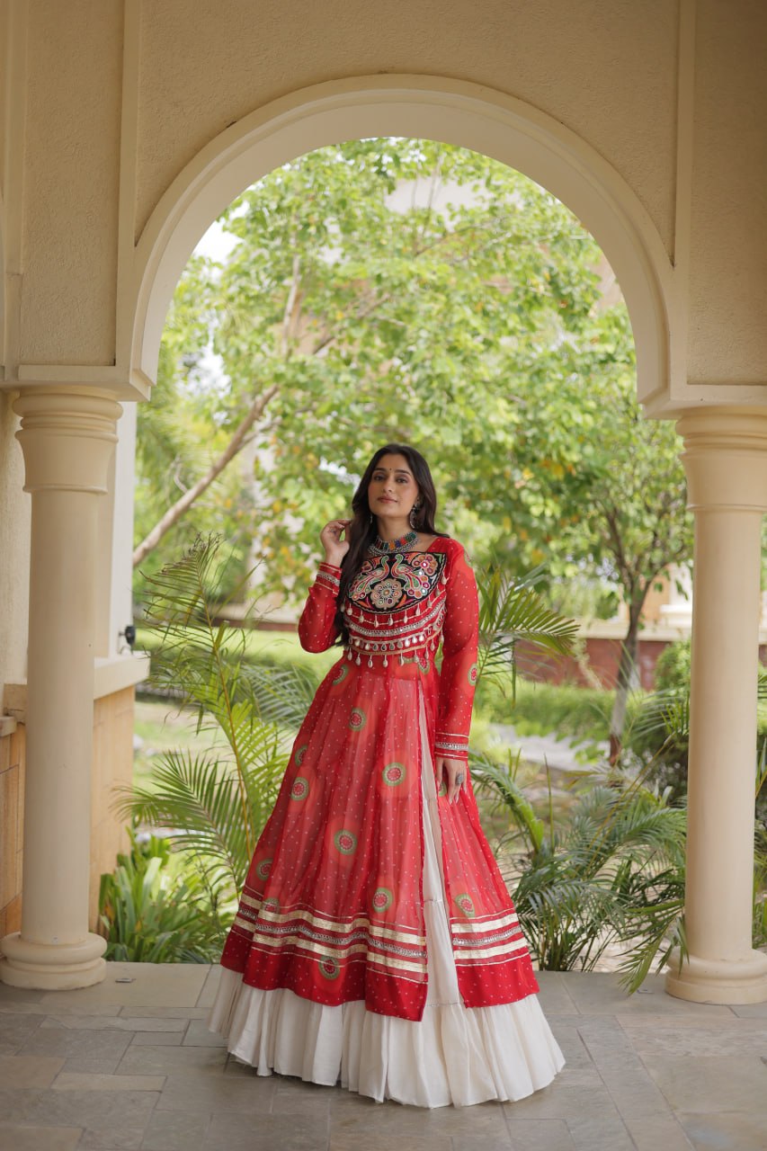 Red Bandhani Print Lehenga Kurti Set with Kutchi Patchwork & 12 Meter Flair