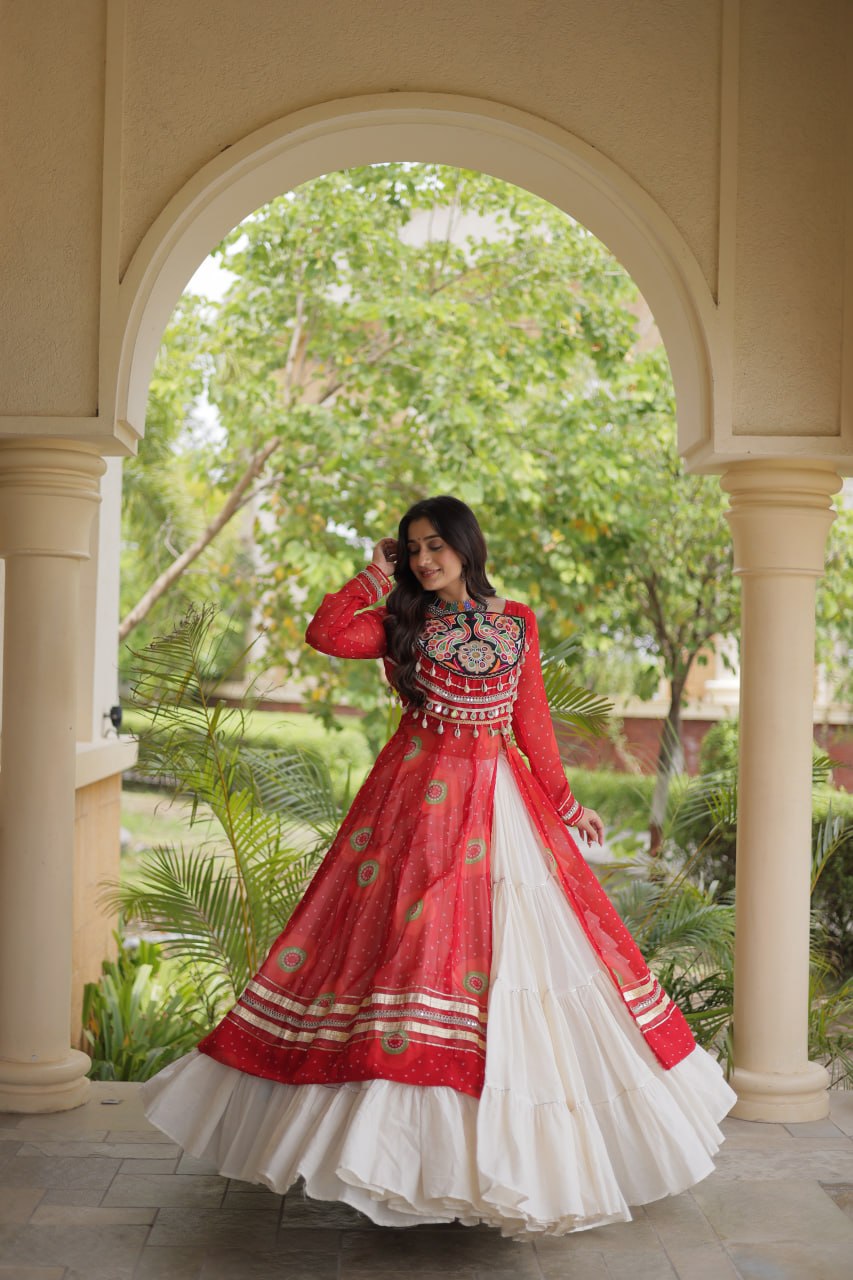 Red Bandhani Print Lehenga Kurti Set with Kutchi Patchwork & 12 Meter Flair
