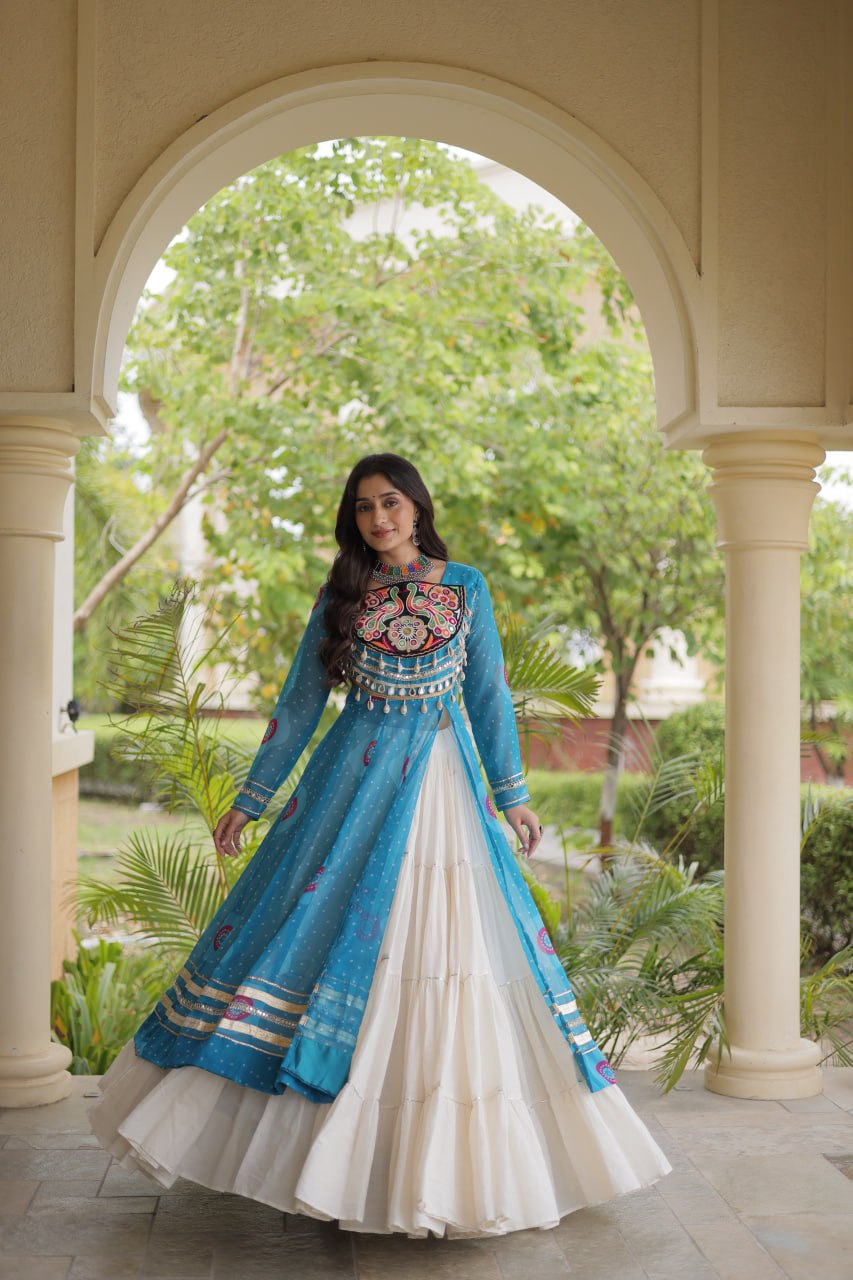 Sky Blue Bandhani Print Lehenga Kurti Set with Kutchi Patchwork & 12 Meter Flair