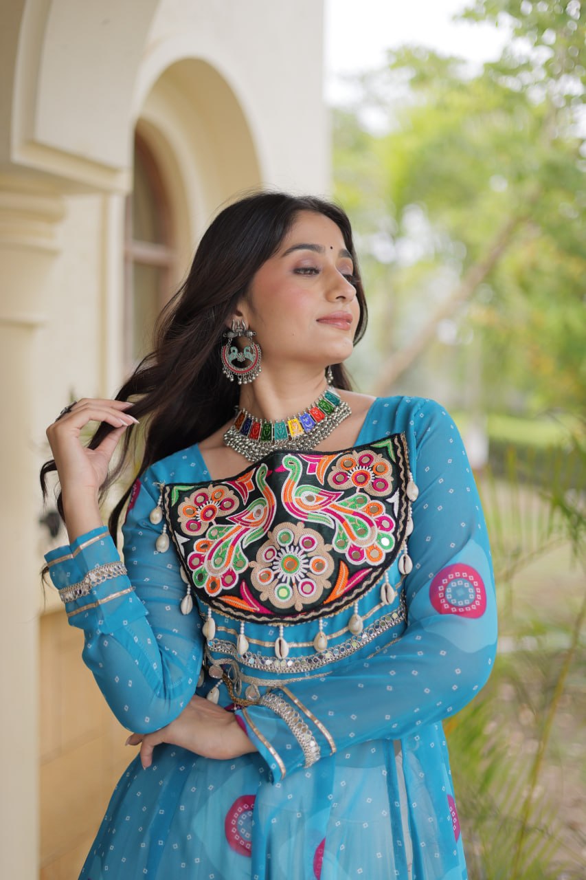 Sky Blue Bandhani Print Lehenga Kurti Set with Kutchi Patchwork & 12 Meter Flair