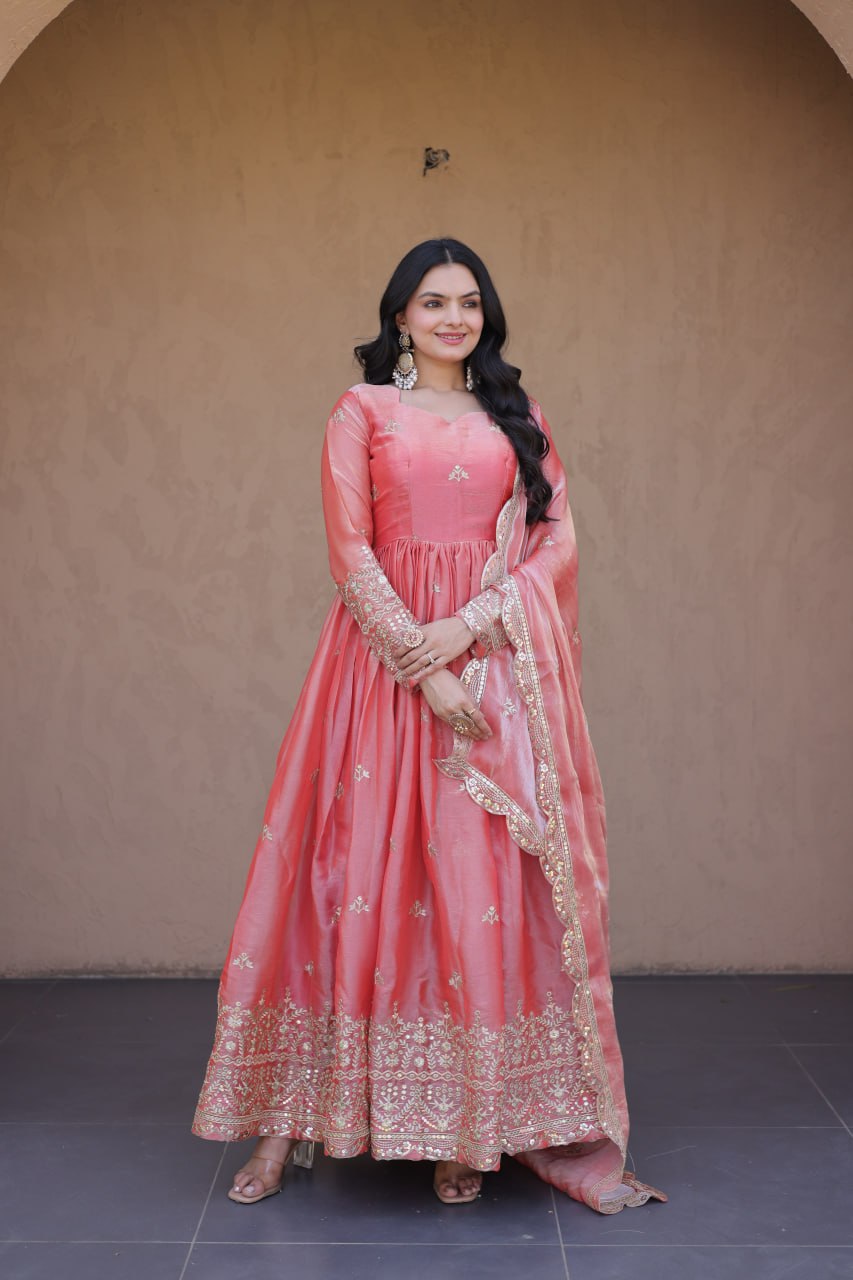 Peach Pink Fendi Silk Embroidered Gown with Dupatta | Zari & Sequins Work