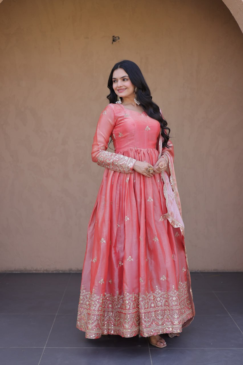 Peach Pink Fendi Silk Embroidered Gown with Dupatta | Zari & Sequins Work