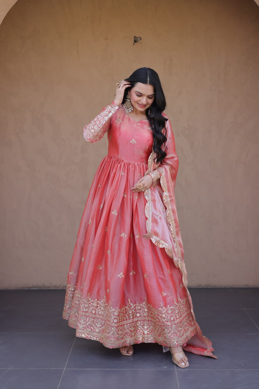 Peach Pink Fendi Silk Embroidered Gown with Dupatta | Zari & Sequins Work