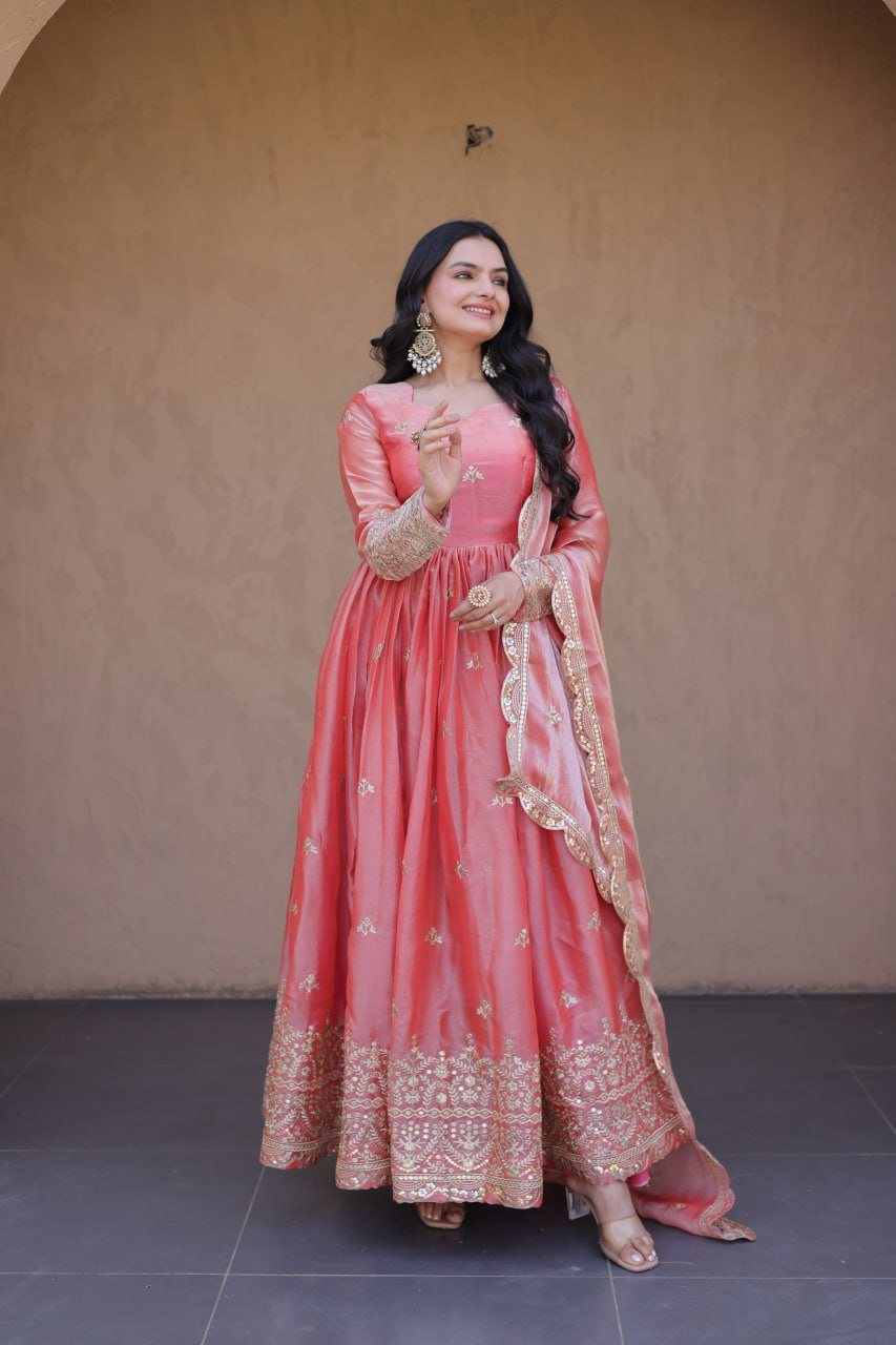 Peach Pink Fendi Silk Embroidered Gown with Dupatta | Zari & Sequins Work