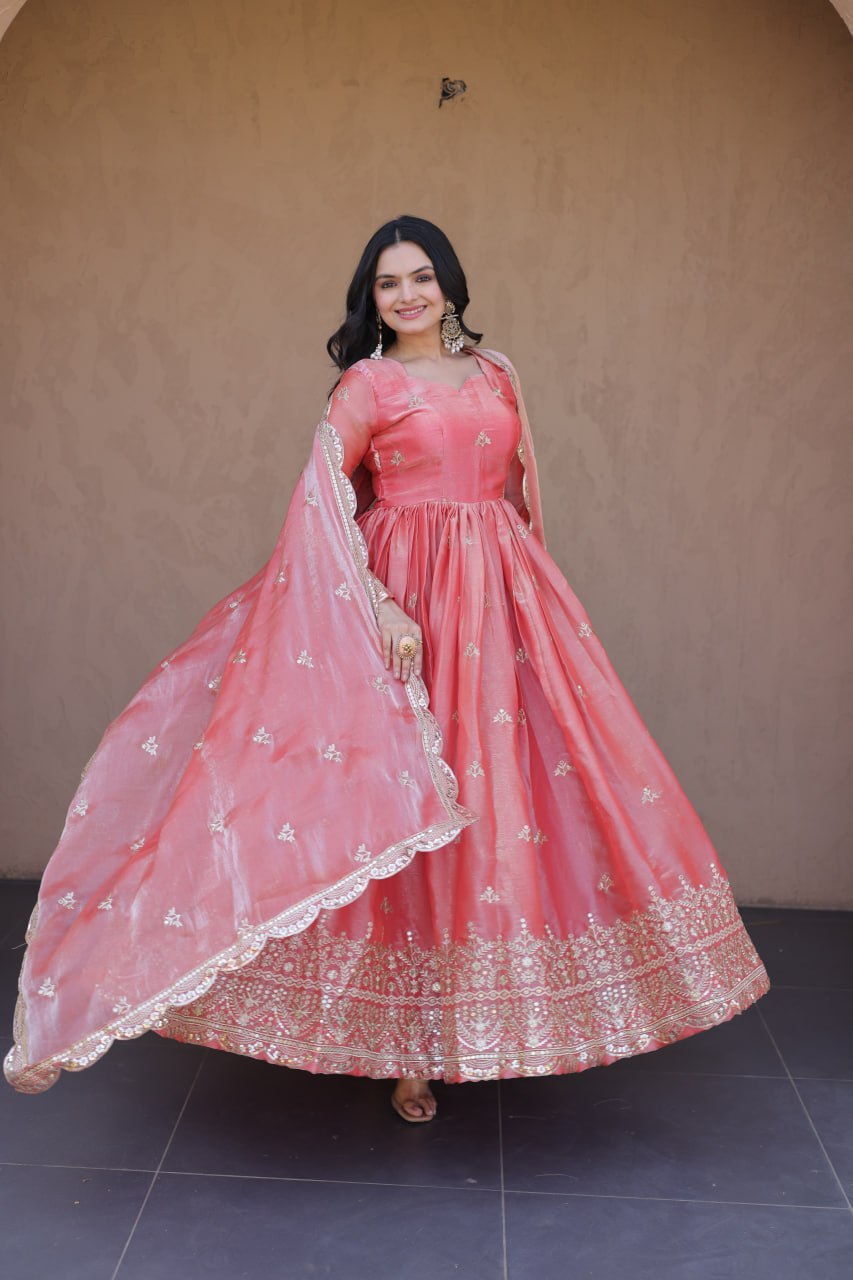 Peach Pink Fendi Silk Embroidered Gown with Dupatta | Zari & Sequins Work