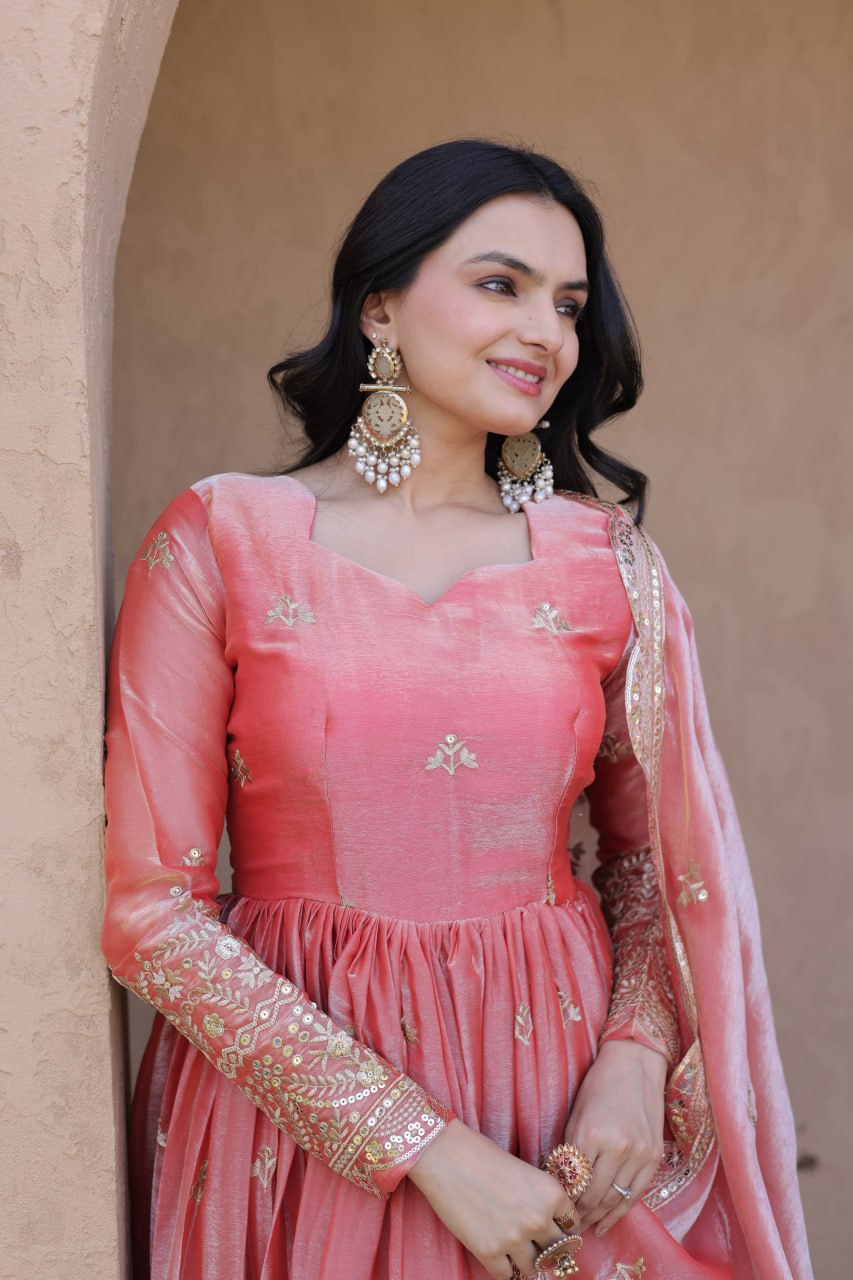 Peach Pink Fendi Silk Embroidered Gown with Dupatta | Zari & Sequins Work