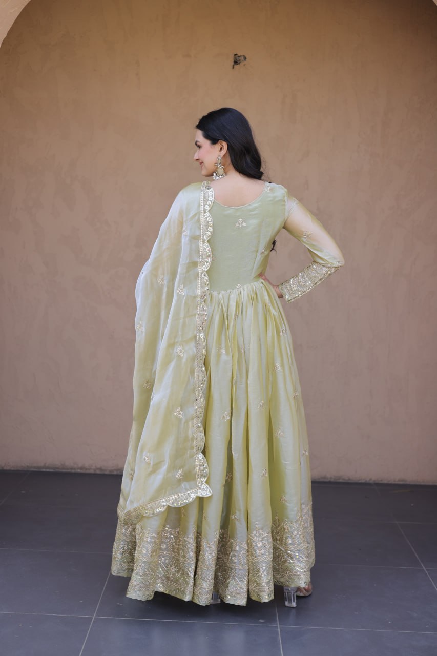 Pista Green Fendi Silk Embroidered Gown with Dupatta | Heavy Zari & Sequins Work