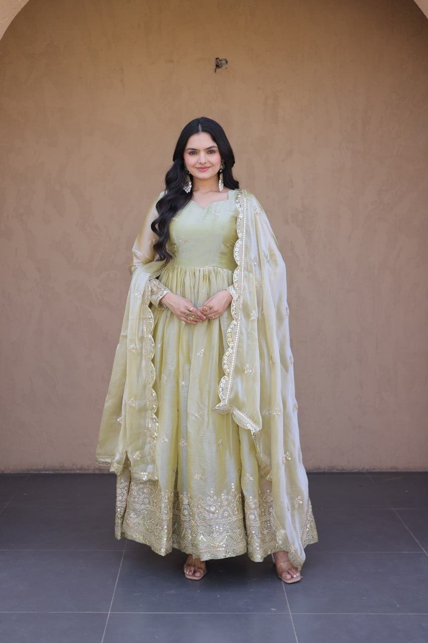 Pista Green Fendi Silk Embroidered Gown with Dupatta | Heavy Zari & Sequins Work
