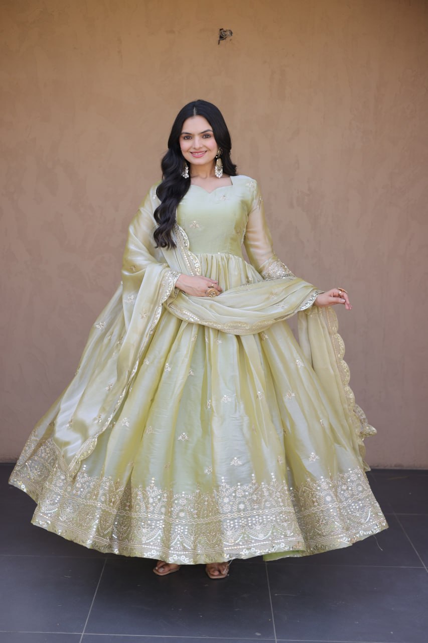 Pista Green Fendi Silk Embroidered Gown with Dupatta | Heavy Zari & Sequins Work