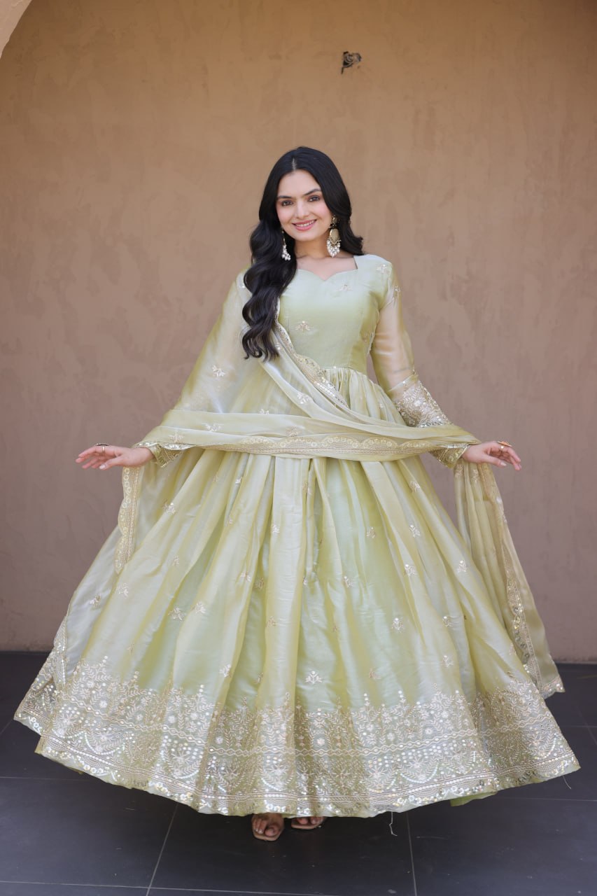 Pista Green Fendi Silk Embroidered Gown with Dupatta | Heavy Zari & Sequins Work